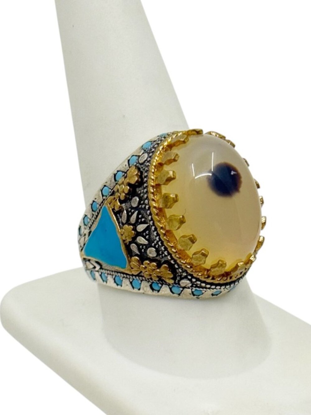 CG Turkish 925 sterling silver & brass Agate enamel Ottoman style ring - GM1244